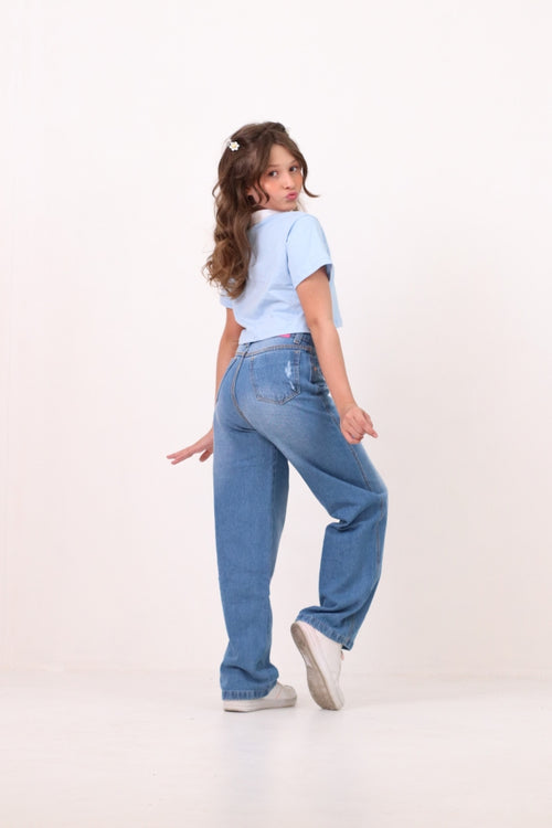 Calça wide leg juvenil desfiada