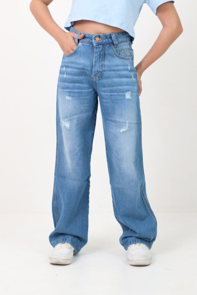 Calça wide leg juvenil desfiada